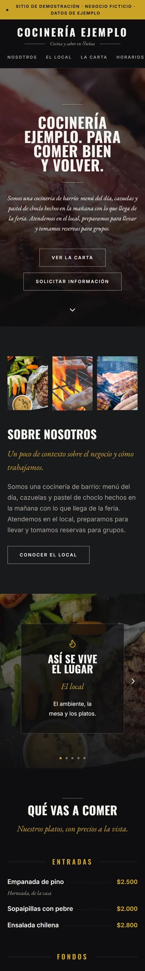 Ejemplo de sitio para Restaurante visto en celular